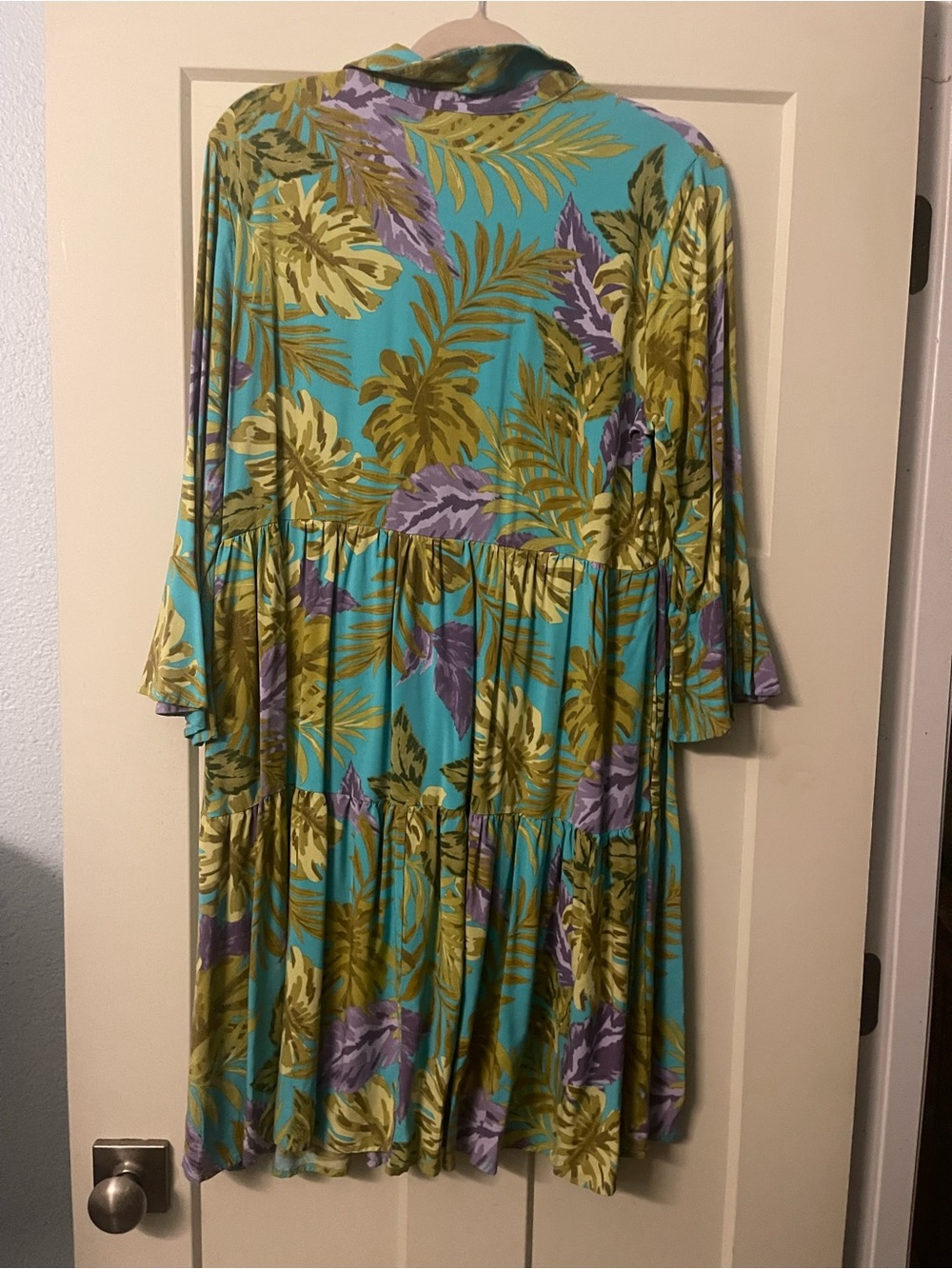 Susan Graver PassporTropical Print Button-Front Tiered Dress - Turquoise & Olive - Picture 3 of 3